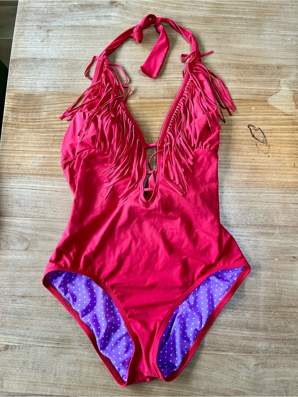 Guess Fringed Halter One-Piece Swimsuit in Bright Red - M